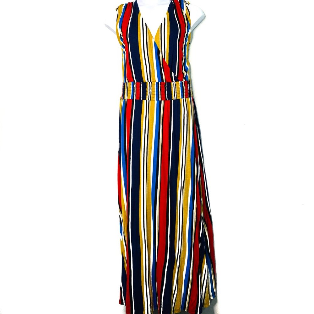 NWT INC Plus Surplice Striped Smocked Maxi Dress